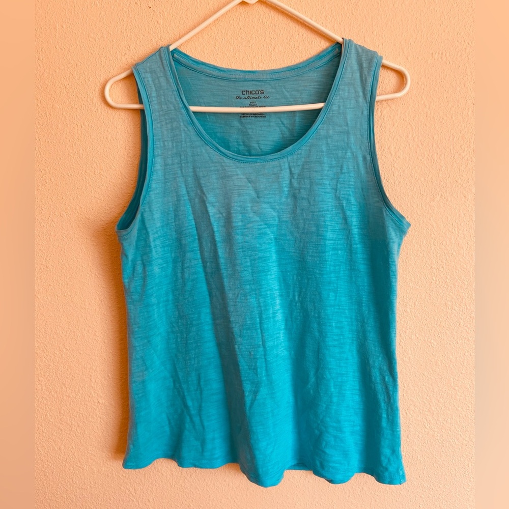 Women’s Chico’s The Ultimate Tee, Light Blue Tank Top, Loose Fit, Size 1